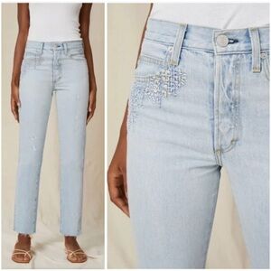AMO Women’s High waisted Embroidered Straight Leg Loverboy Cloudy Jeans Sz 26